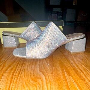 Silver/gray color with Rhinestones strap sandal with block heels. New unworn.